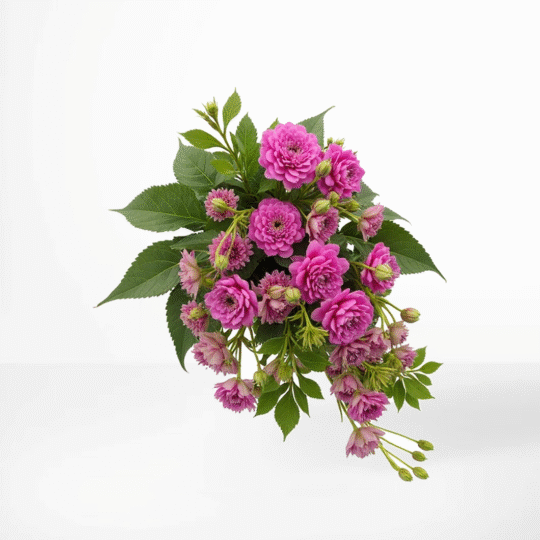 Begravningsbukett med rosafärgade dahlior och gröna blad – en varm och livfull hyllning vid avsked.