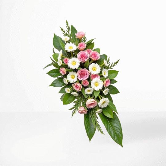 Begravningsbukett med rosa rosor och vita prästkragar samt gröna blad – en harmonisk symbol för kärlek och frid.