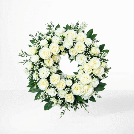 Begravningskrans med vita rosor, krysantemum och gröna blad – en tidlös symbol för frid och evighet.