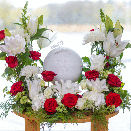 Urnkrans Sigrid med öda rosor, vita liljor, krysantemum och grönskande bladverk