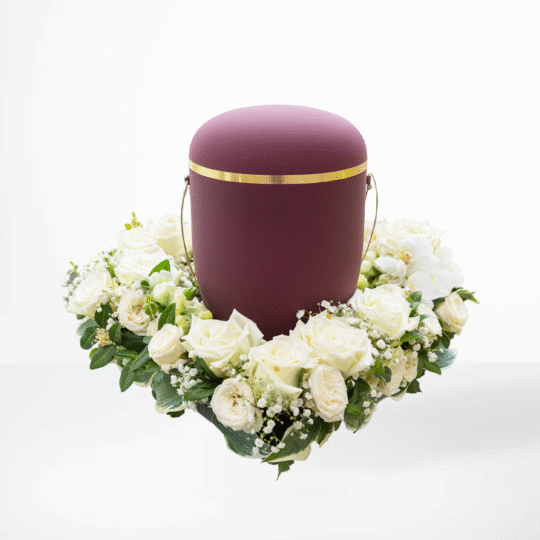 Urnkrans av vita rosor, brudslöja och grönskande bladverk